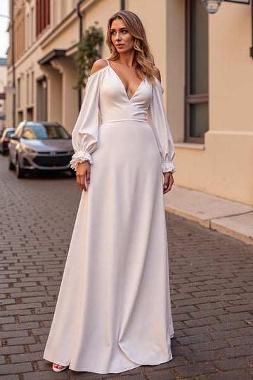 Cold Shoulder Ivory A Line Wedding Dress with Long Sleeves